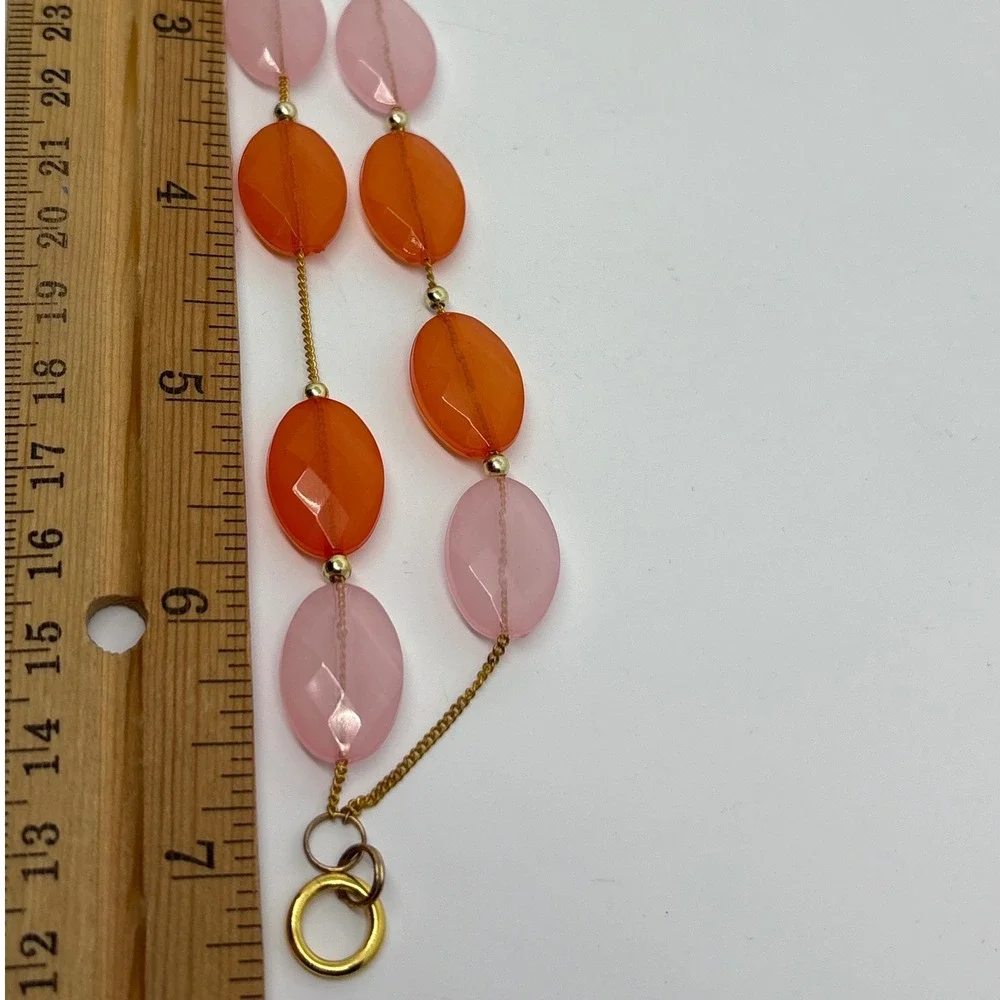 Two Strand Gemstone Bracelet Gold Tone Orange Pink‎ Faceted Beaded Toggle Clasp